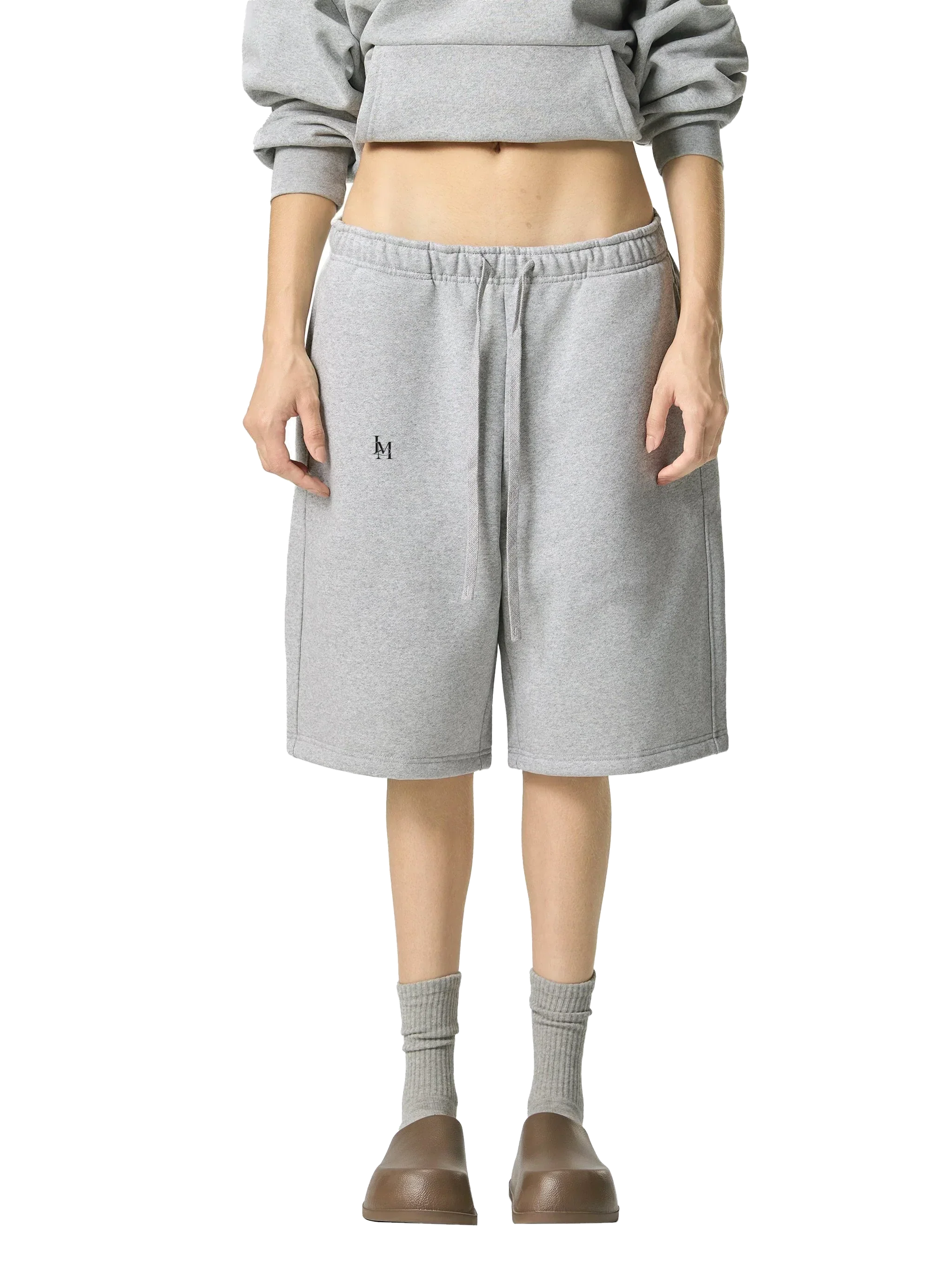 The Fleece Short in Flower Gray — on model, front #Color_Flower Gray