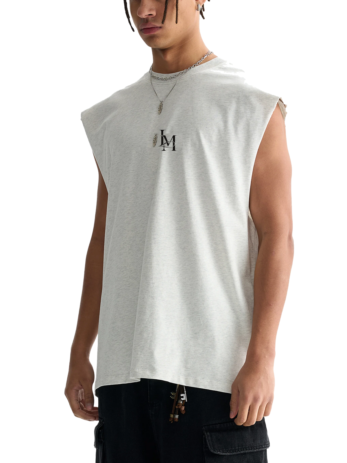 The Raw Edge Tank in Flower Gray — on model 2 #Color_Flower Gray