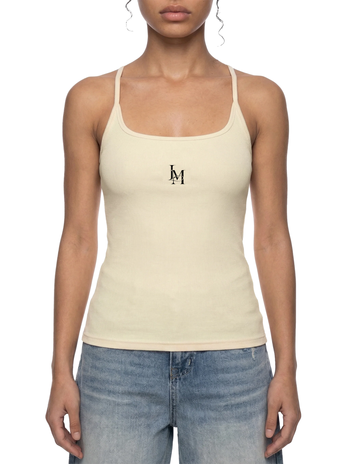 The Ribbed Tank in Apricot — on model, front #Color_Apricot