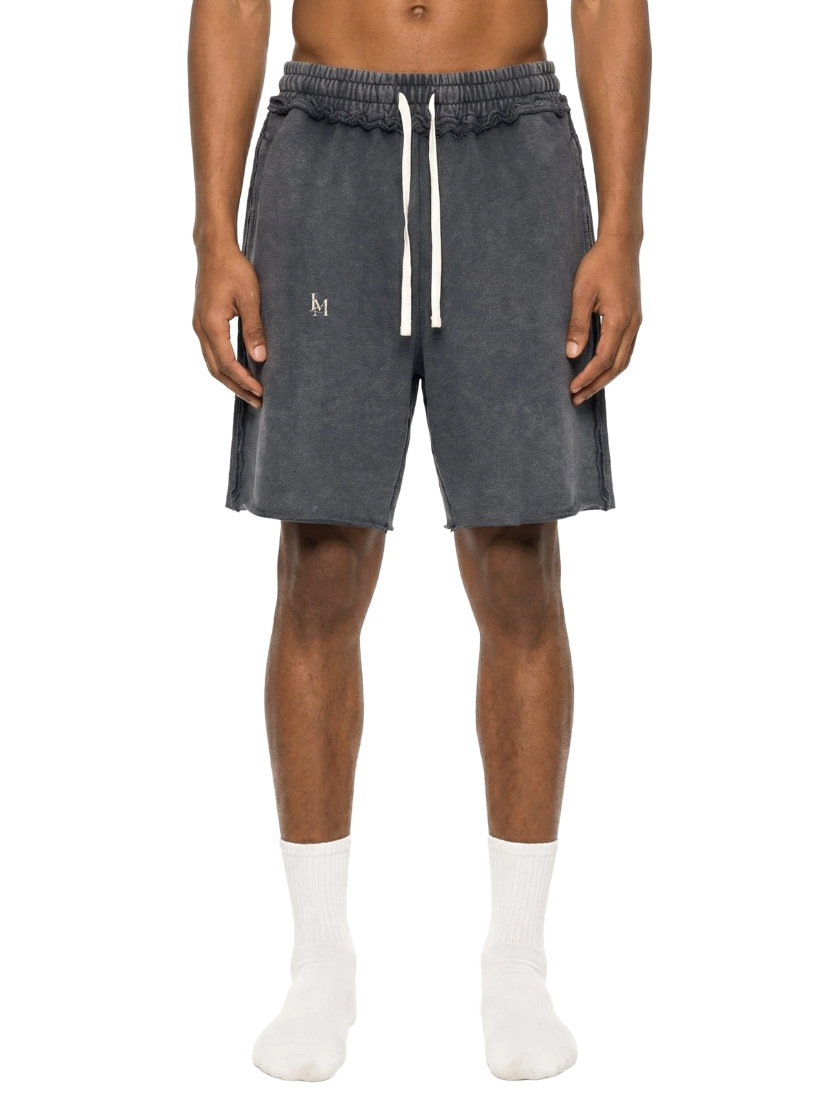 The Washed Short in Medium Gray — on model, front #Color_Medium Gray