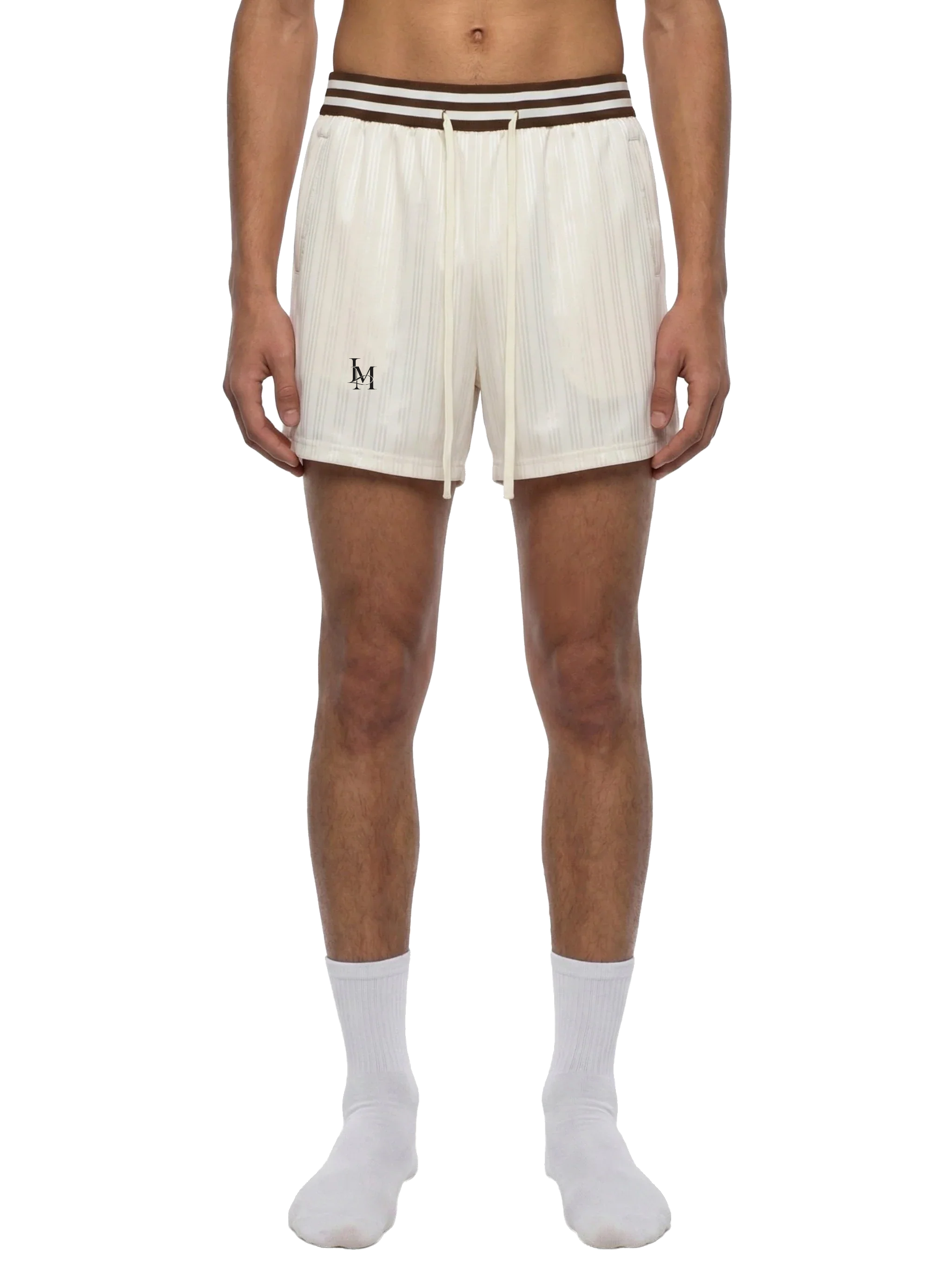 The Stripe Short in Apricot — on model, front #Color_Apricot