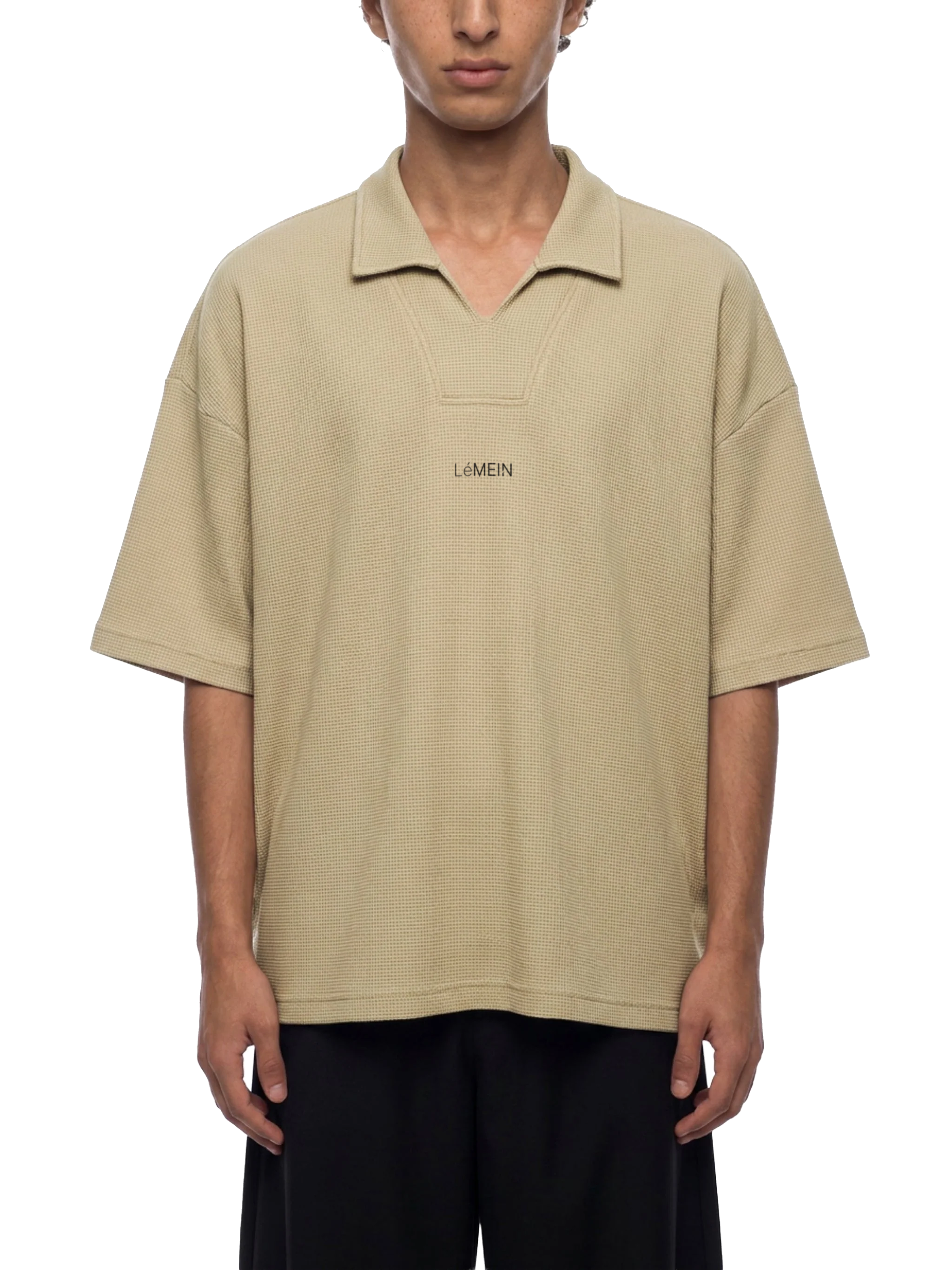 The Waffle Polo in Khaki, on model, front #Color_Khaki