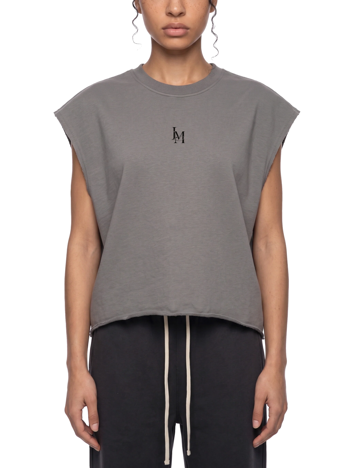 The Terry Tank in Gray — on model, front #Color_Gray