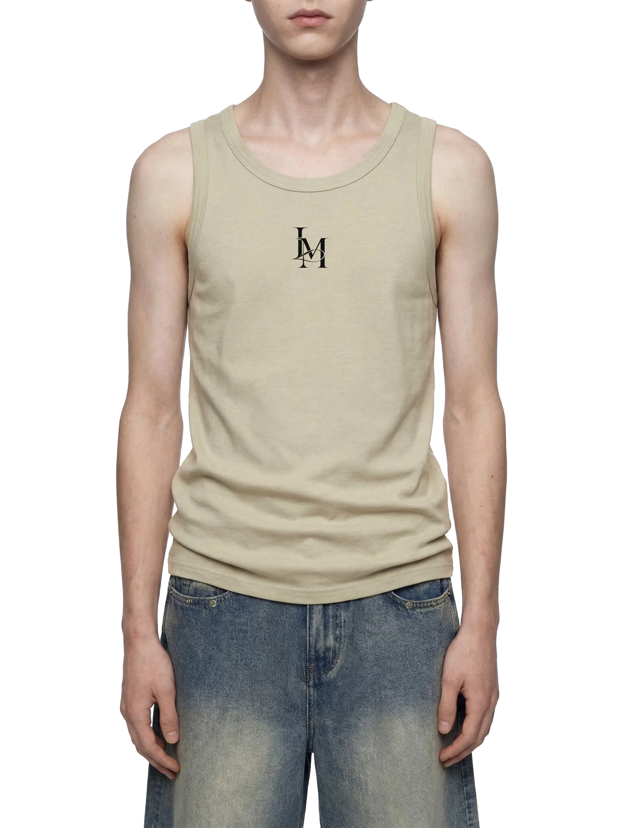 The Heavy Ribbed Tank in Khaki — on model, front #Color_Khaki