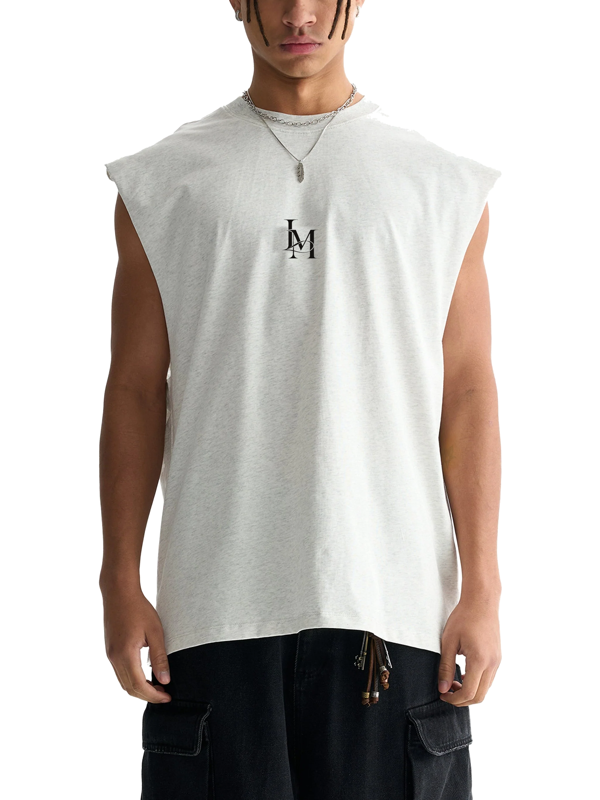 The Raw Edge Tank in Flower Gray — on model, front #Color_Flower Gray