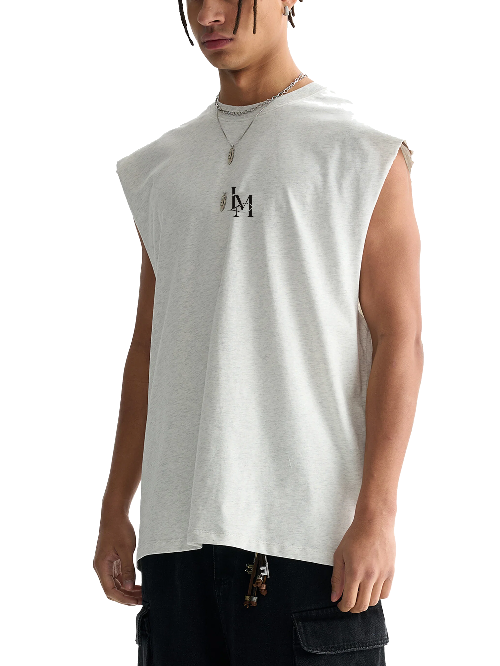 The Raw Edge Tank in Flower Gray — on model 2 #Color_Flower Gray