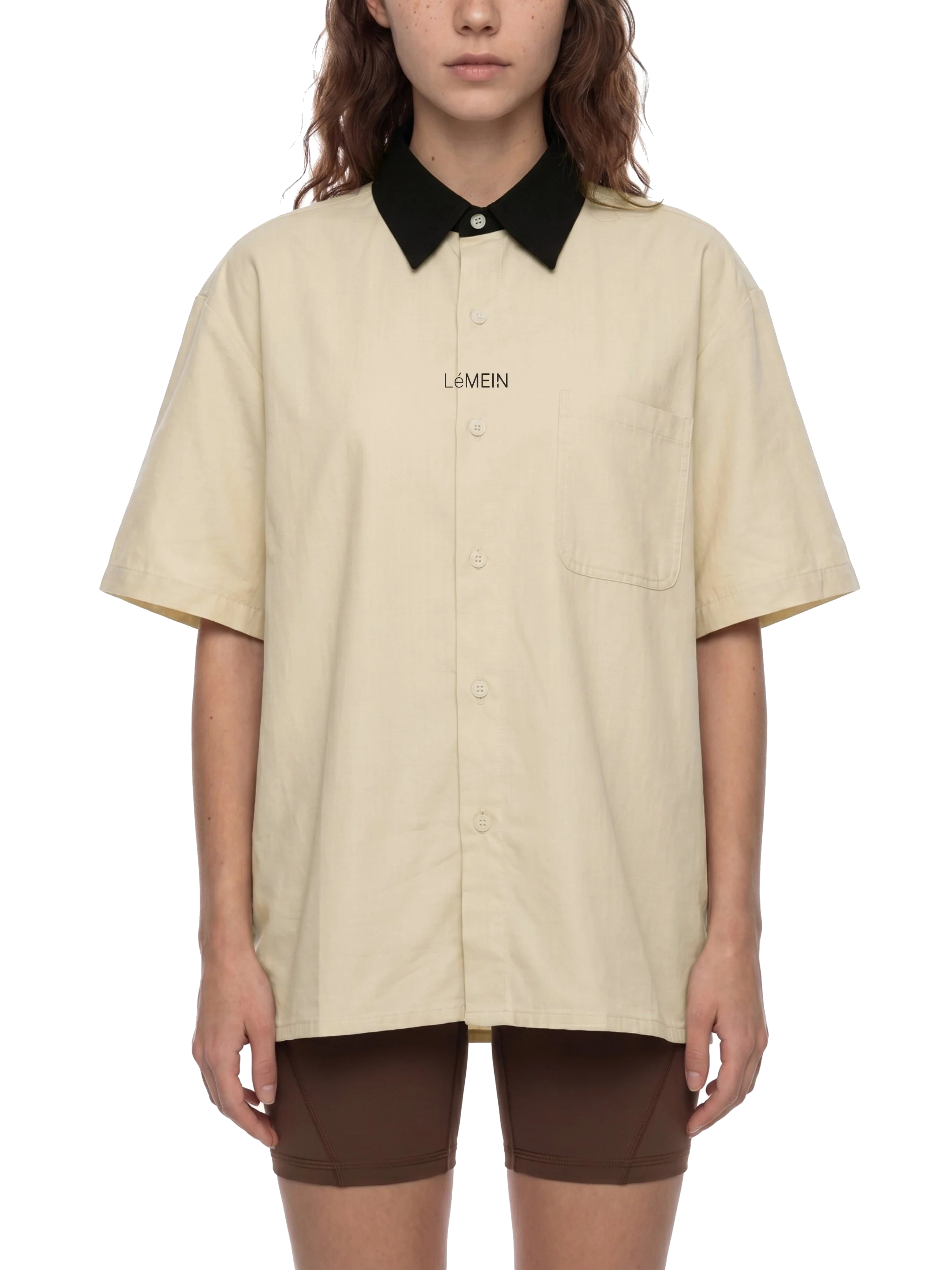 The Color Block Shirt in Apricot — on model, front #Color_Apricot