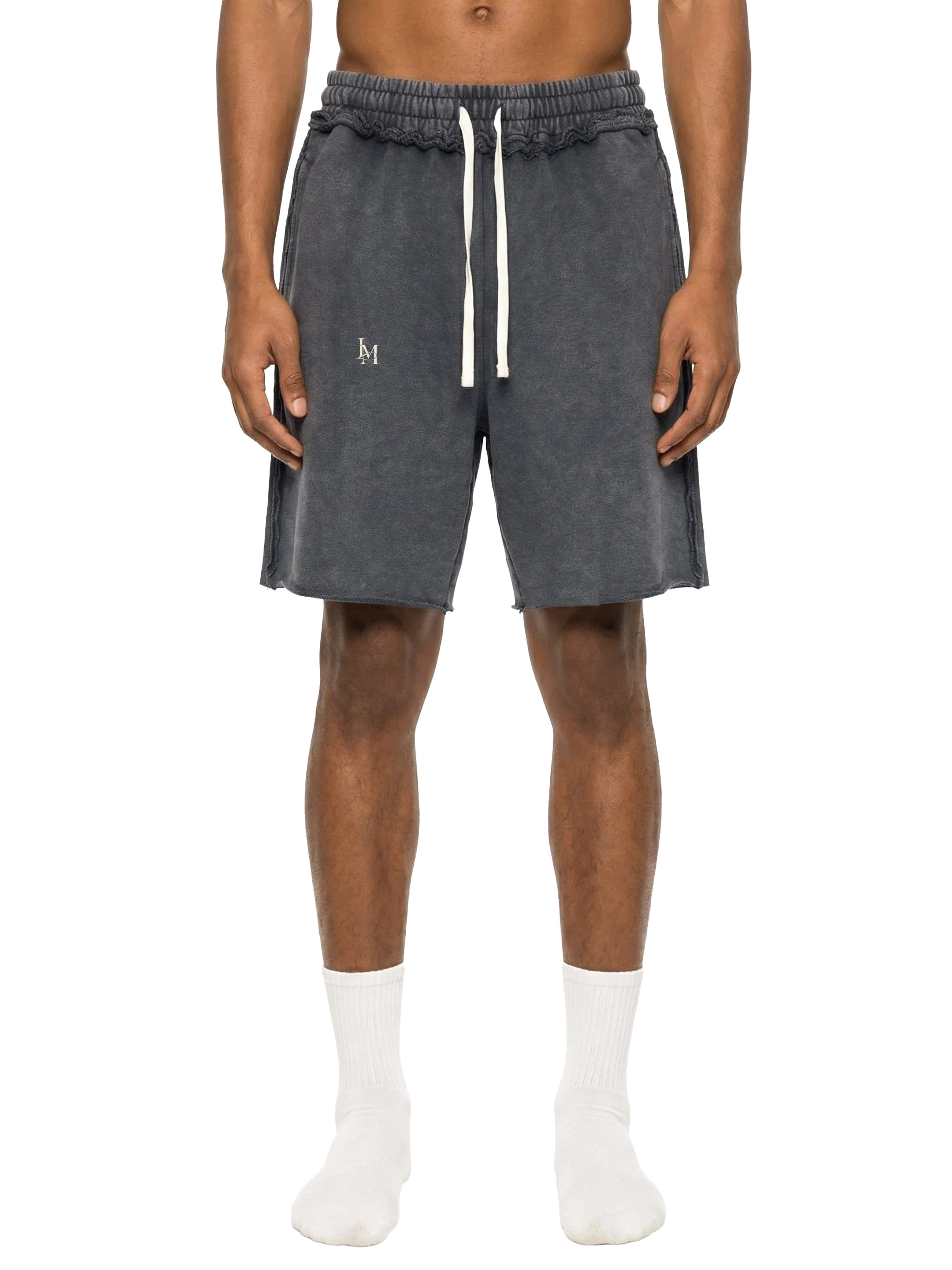 The Washed Short in Medium Gray — on model, front #Color_Medium Gray