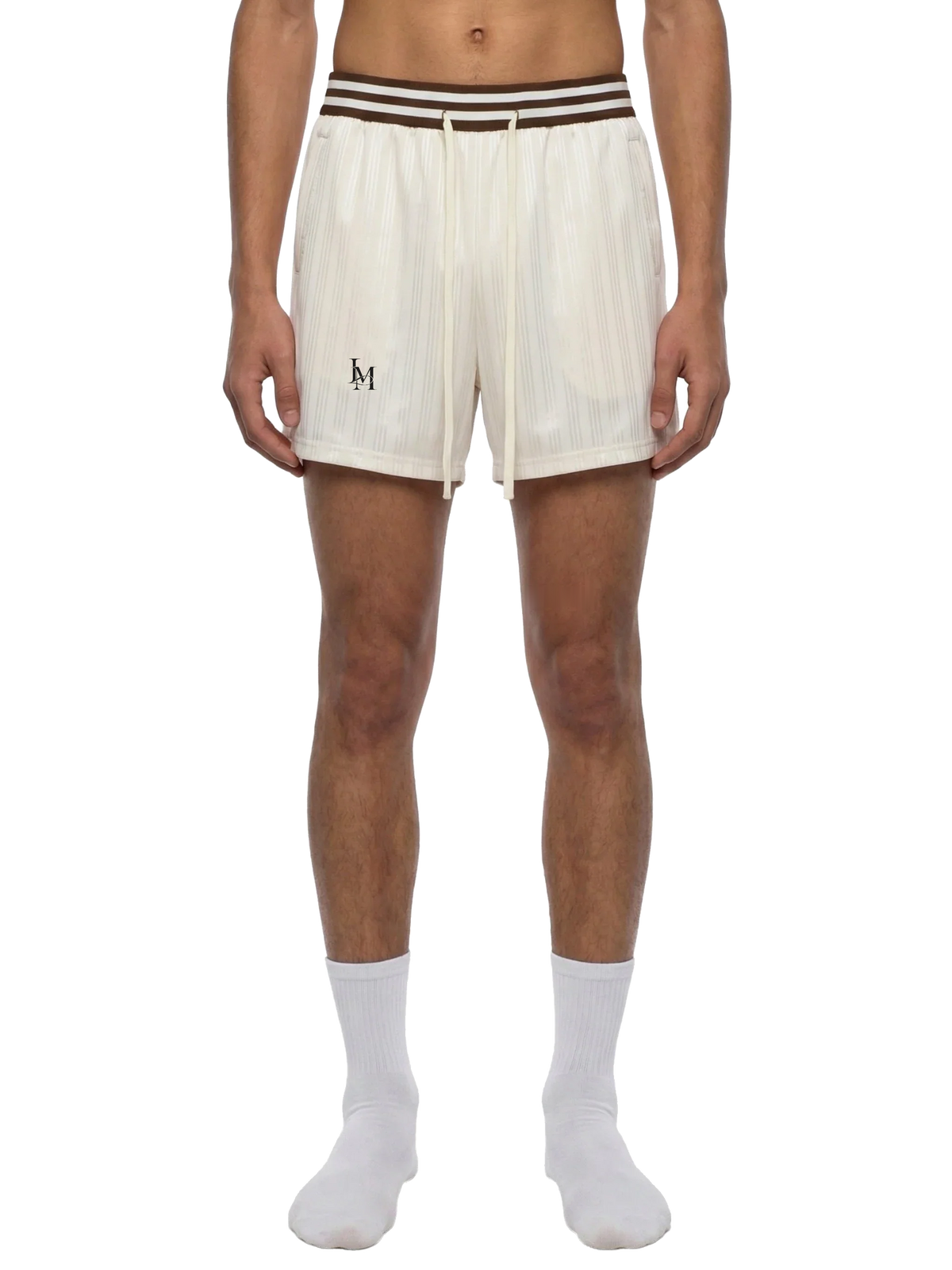 The Stripe Short in Apricot — on model, front #Color_Apricot