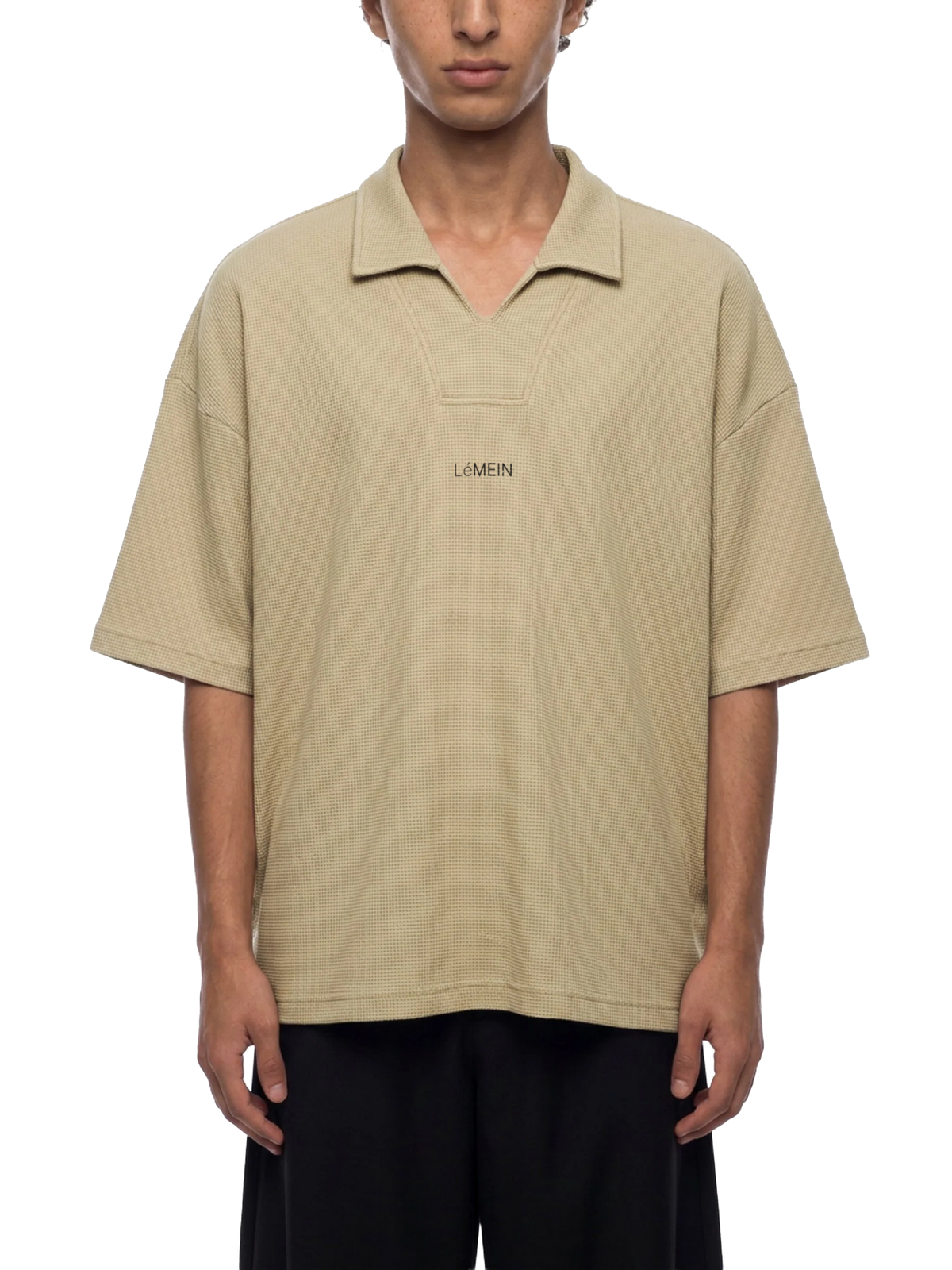The Waffle Polo in Khaki, on model, front #Color_Khaki