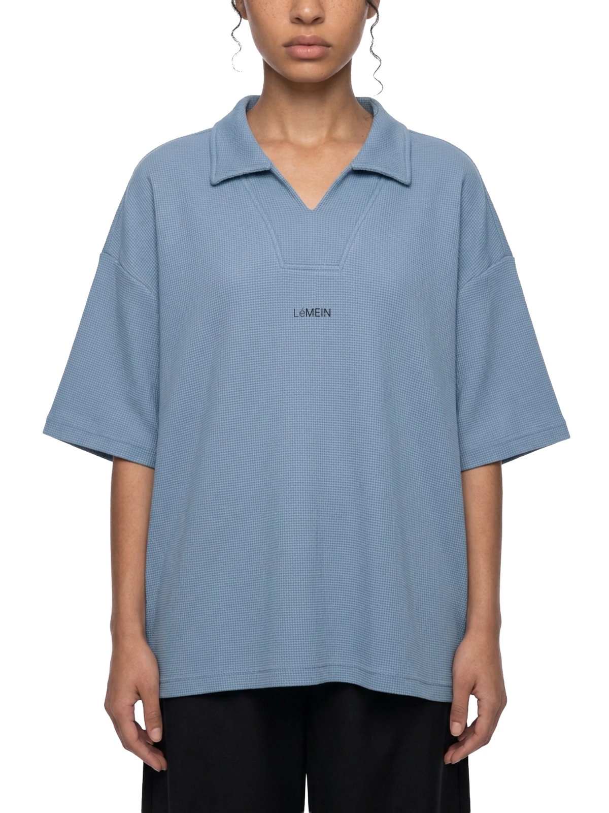 The Waffle Polo in Sky Blue, on model, front #Color_Sky Blue