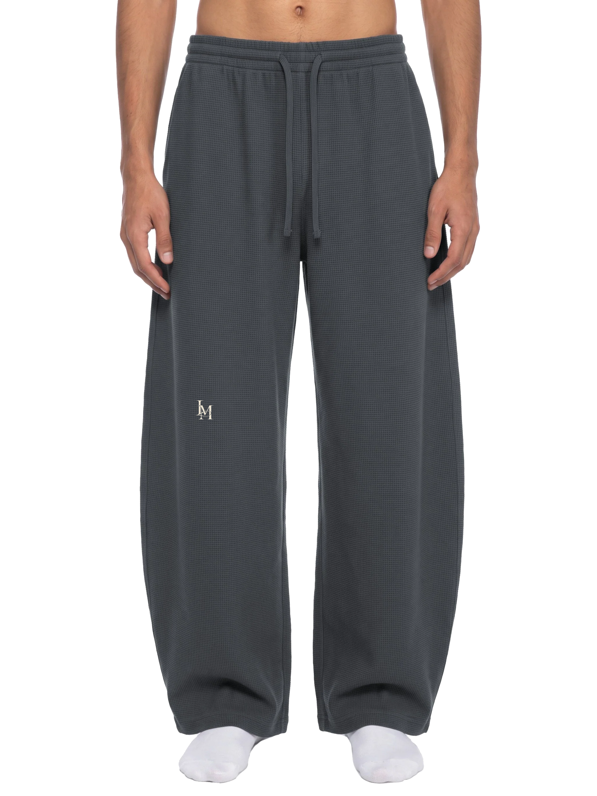 The Waffle Trouser in Dark Gray — on model, front #Color_Dark Gray